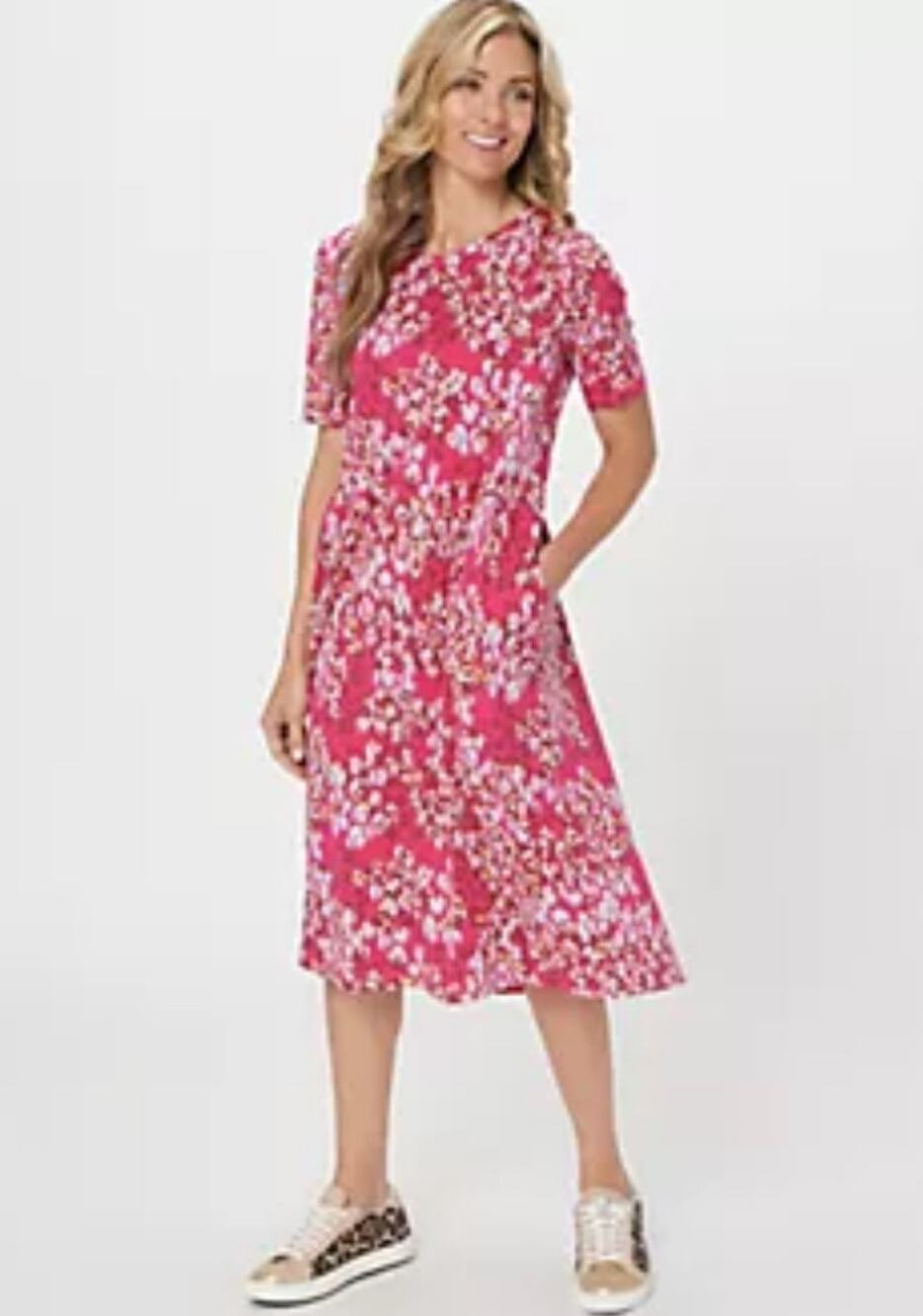 LOGO by Lori Goldstein Midi Dress Knit Floral Garden Pockets Fuchsia LP Petite
